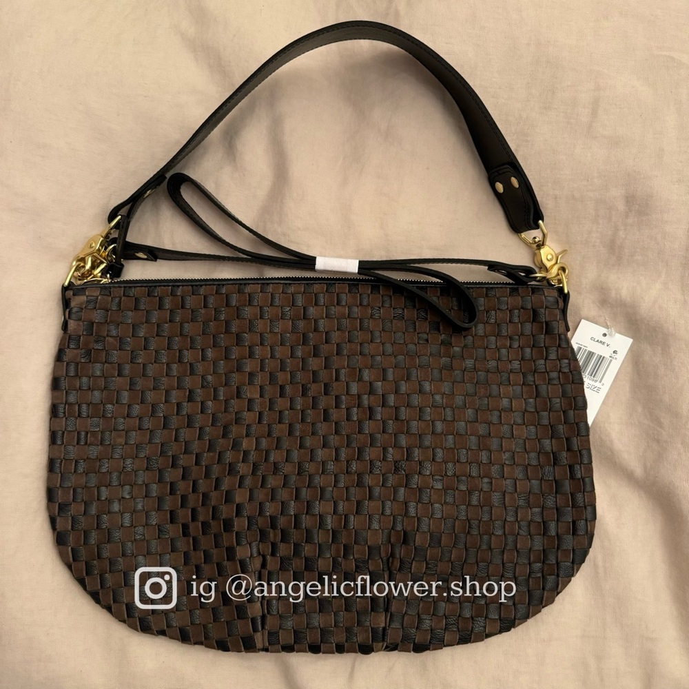 Clare V Moyen Messenger Black/Chocolate Woven Checker Bag NWT - Picture 4 of 10